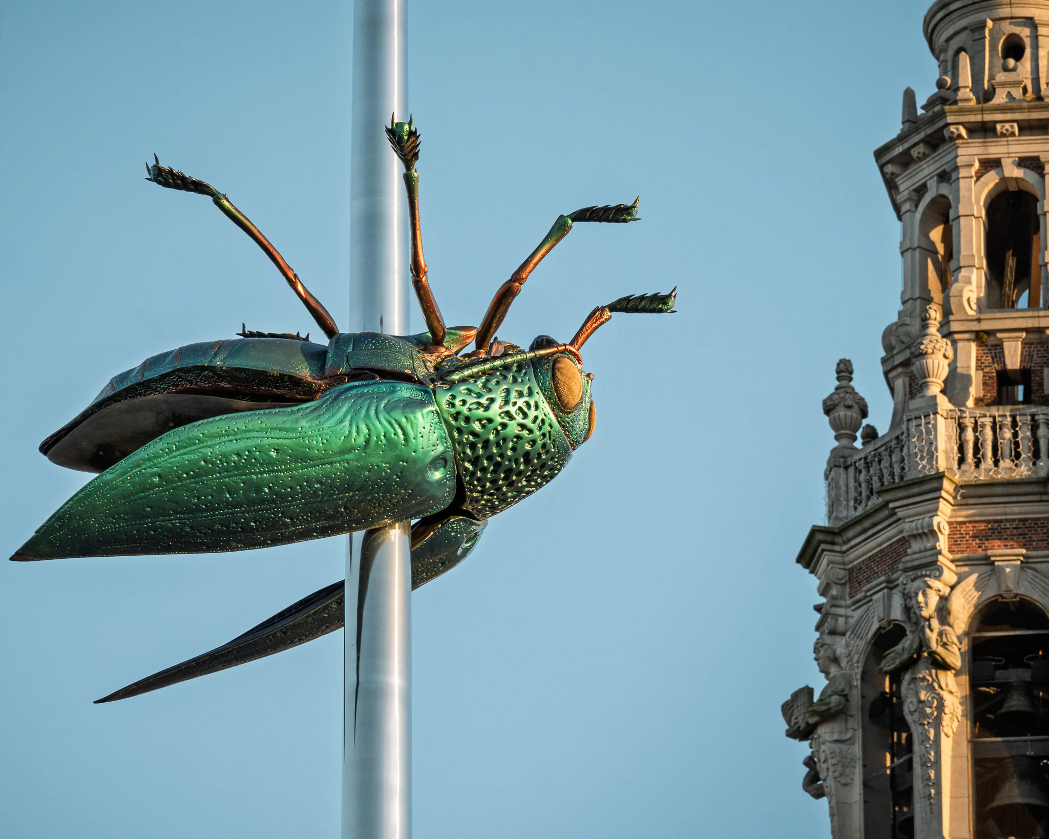 A close view of the green jewel beetle in Jan Fabre's Totem, with the tower of KU Leuven's University Library at right.