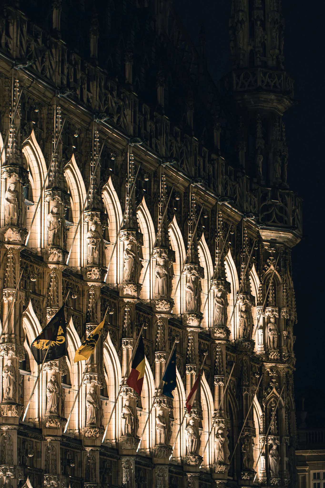 Rows of illuminated statues and pointed windows on Leuven Town Hall's Gothic facade, with Belgian, Flemish and European flags below.